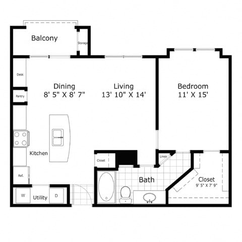 Floor plan for 1 bed, 1 bath, 783 sqft